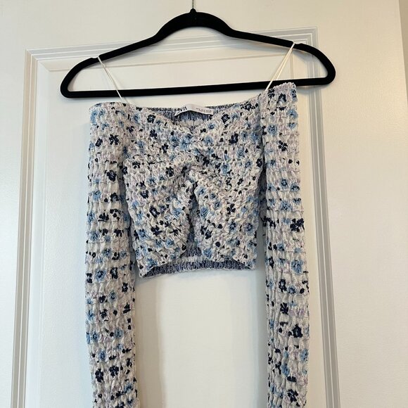 Zara Off-the-Shoulder Ruched Blue Purple White Crop Top - Size S - Picture 2 of 4